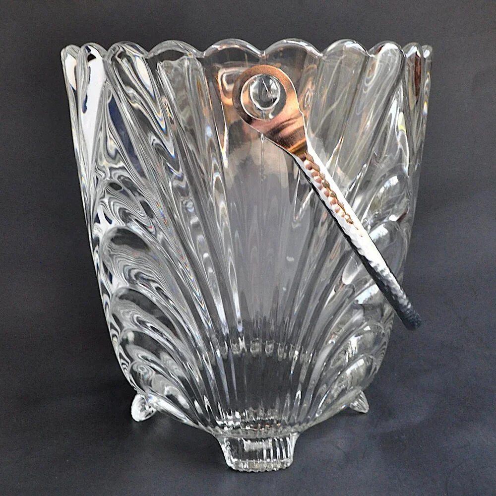 Cambridge Caprice Clear Glass Ice Bucket Hammered Handle Vintage Elegant Optic